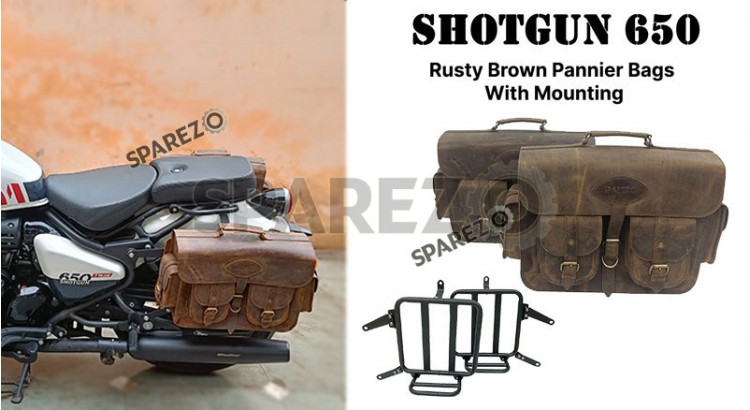 Fit For Royal Enfield Shotgun 650 Rusty Brown Leather Pannier Bags and Mounting - SPAREZO